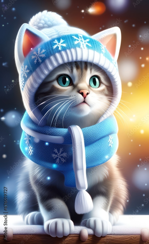 Portrait of a kitten in a winter knitted hat. .AI Portrait of a kitten in a winter knitted hat. .AI