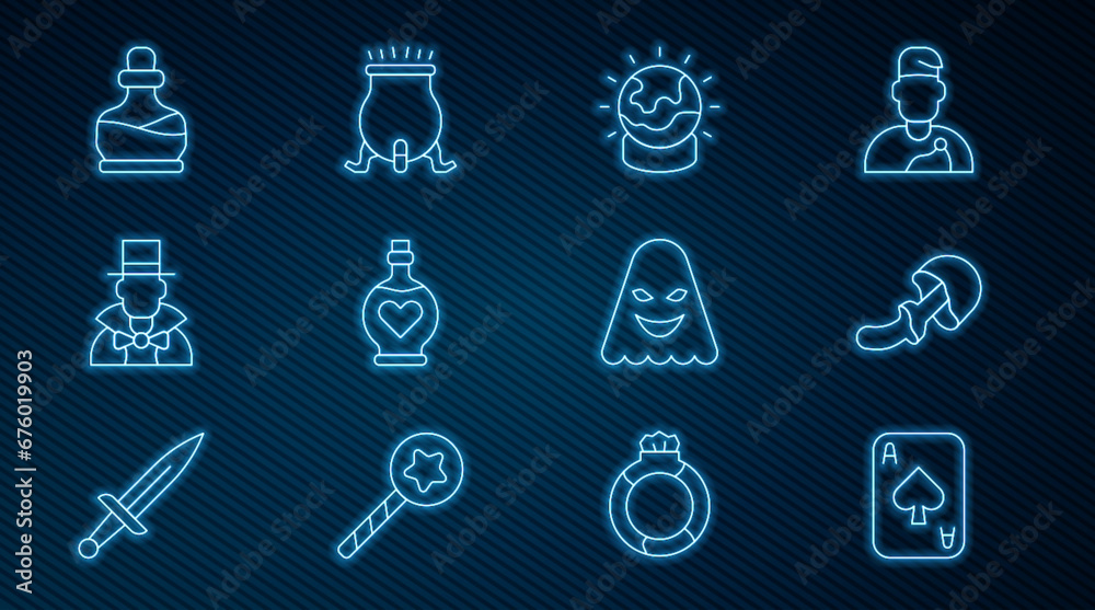 Set line Playing cards, Psilocybin mushroom, Magic ball, Bottle with love potion, Magician, Ghost and Witch cauldron icon. Vector