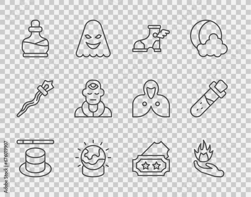Set line Magic hat and wand, Hand holding fire, Hermes sandal, ball, Bottle with potion, Wizard warlock, Ticket and icon. Vector