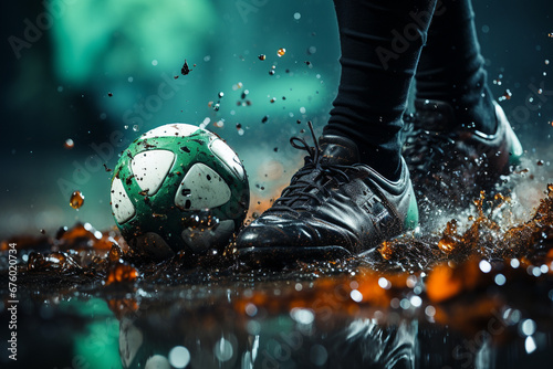 Witness the intensity as the field turns to mud because of rain capturing the grit and determination in the close up of a football player legs and the ball. Ai generated
