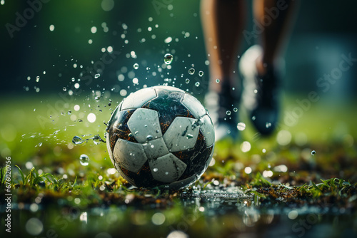 Witness the intensity as  the field turns to mud because of rain capturing the grit and determination in the close up of a football player legs and the ball. Ai generated © dragomirescu