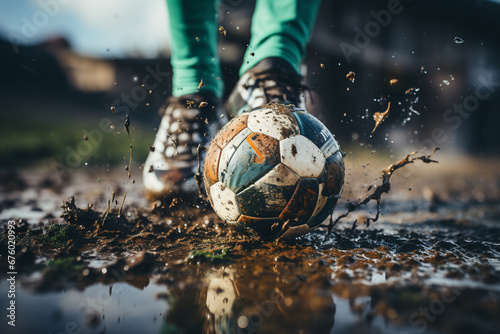 Witness the intensity as  the field turns to mud because of rain capturing the grit and determination in the close up of a football player legs and the ball. Ai generated