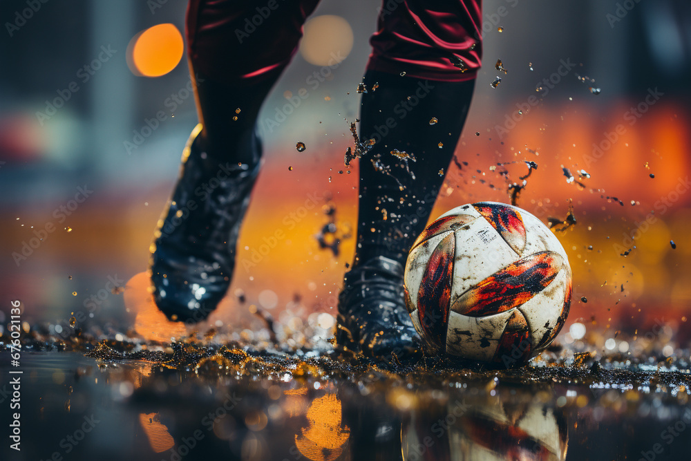 Witness the intensity as the field turns to mud because of rain capturing the grit and determination in the close up of a football player legs and the ball. Ai generated Witness the intensity as the field turns to mud because of rain capturing the grit and determination in the close up of a football player legs and the ball. Ai generated