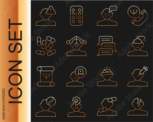 Set line Solution problem in psychology, Addiction to the drug, Concussion, headache, Online psychological counseling, Hypnosis, Medicine pill or tablet, Finding and icon. Vector
