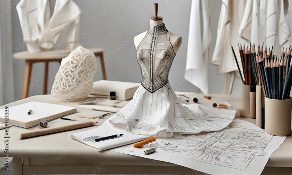 Haute Couture with a Fashion Designer's Table adorned with a Set of ...