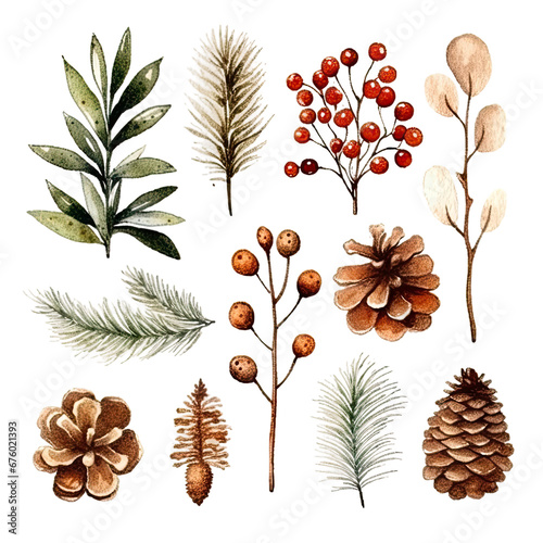 Scandinavian Christmas Watercolor Elements, without background in PDF format
