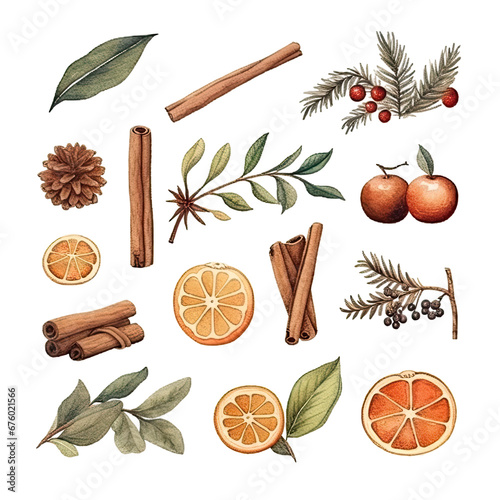 Scandinavian Christmas Watercolor Elements, without background in PDF format
