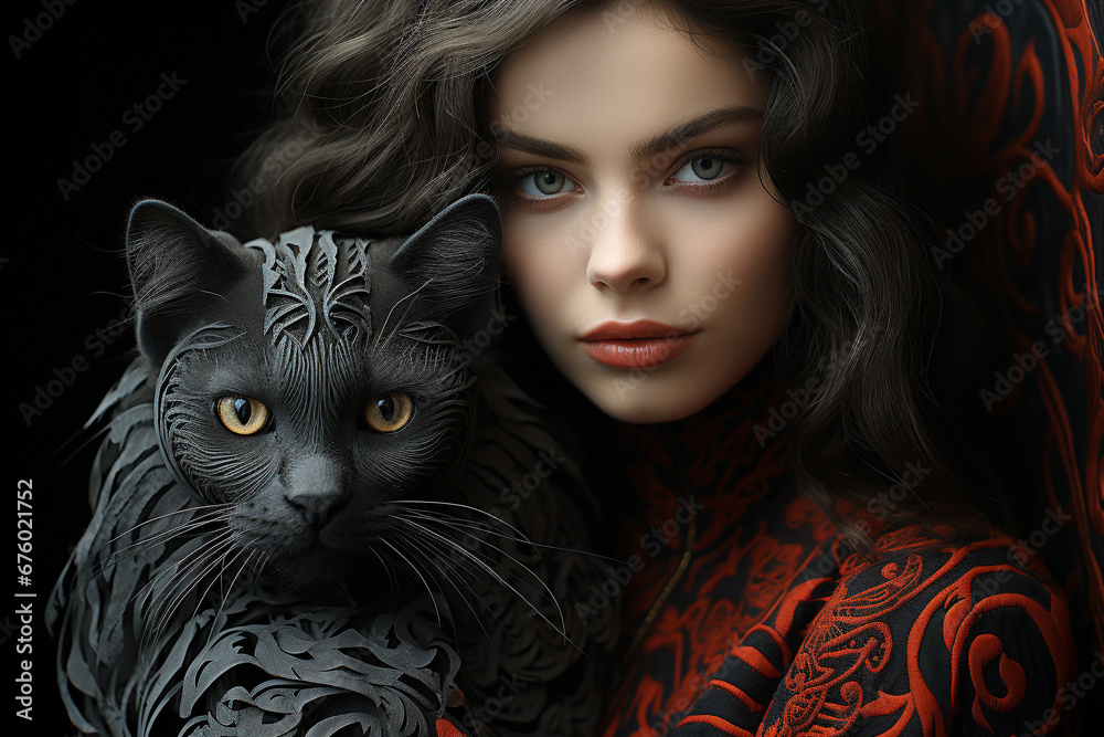 A captivating portrait capturing the beauty of a woman in the company of a sleek and mysterious black cat, a timeless union of elegance and feline grace. Ai generated A captivating portrait capturing the beauty of a woman in the company of a sleek and mysterious black cat, a timeless union of elegance and feline grace. Ai generated