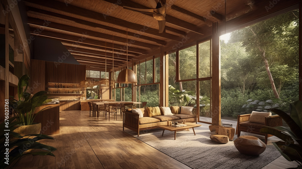 Eco-lodge hotel interior with tropical forest view, creating a serene and relaxing ambiance, surrounded by the nature, 3d render. Decor concept. Real estate concept. Art concept.