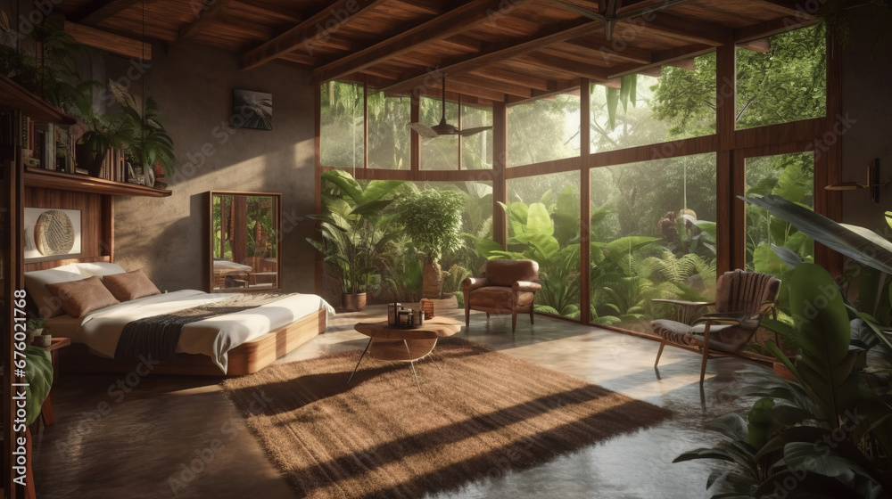 Fototapeta premium Eco-lodge hotel interior with tropical forest view, creating a serene and relaxing ambiance, surrounded by the nature, 3d render. Decor concept. Real estate concept. Art concept.