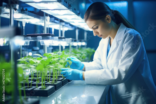 Woman botanist, scientist growing plants in modern lab. Biotechnology research