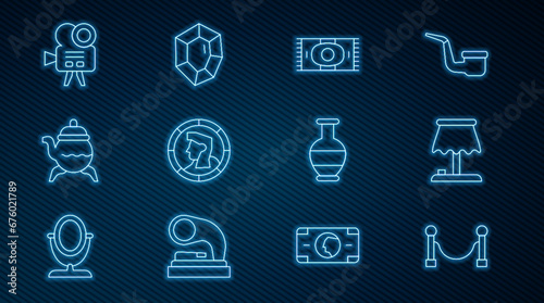 Set line Rope barrier, Table lamp, Classic carpet, Ancient coin, teapot, Retro cinema camera, amphorae and Gem stone icon. Vector