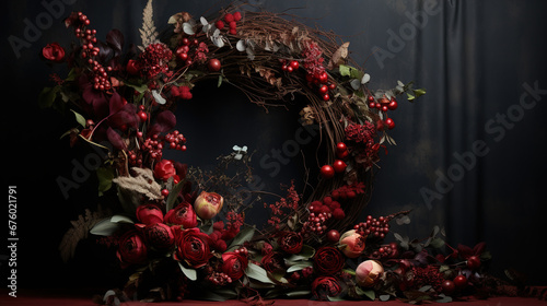 Christmas wreath on dark wooden background in moody botanical style