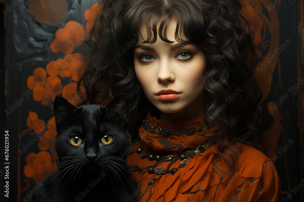 A captivating portrait capturing the beauty of a woman in the company of a sleek and mysterious black cat, a timeless union of elegance and feline grace. Ai generated A captivating portrait capturing the beauty of a woman in the company of a sleek and mysterious black cat, a timeless union of elegance and feline grace. Ai generated