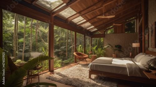 Eco-lodge hotel interior with tropical forest view, creating a serene and relaxing ambiance, surrounded by the nature, 3d render. Decor concept. Real estate concept. Art concept. © IC Production