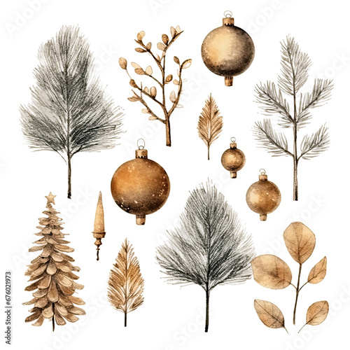 Scandinavian Christmas Watercolor Elements, without background in PDF format