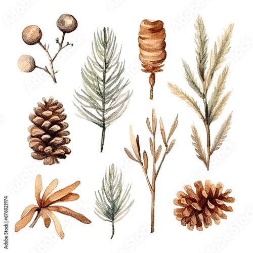 Scandinavian Christmas Watercolor Elements, without background in PDF format