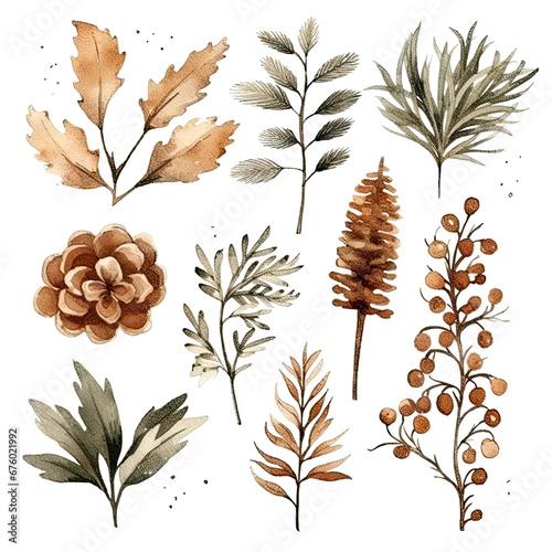 Scandinavian Christmas Watercolor Elements, without background in PDF format