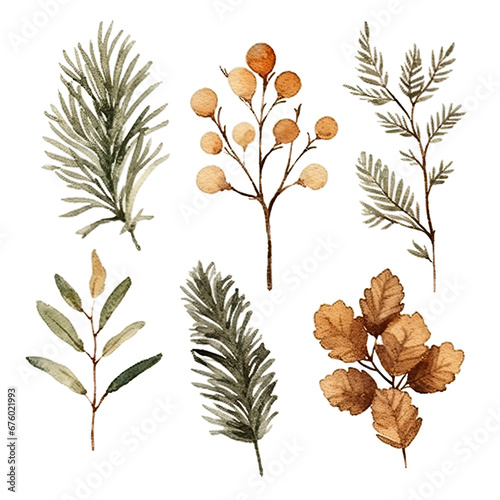 Scandinavian Christmas Watercolor Elements, without background in PDF format