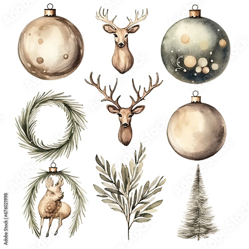 Scandinavian Christmas Watercolor Elements, without background in PDF format