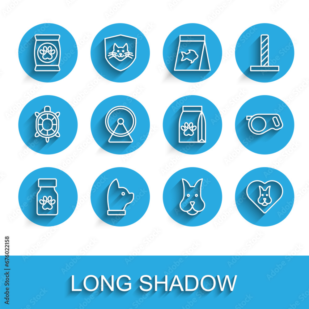 Set line Medicine bottle and pills, Cat, Bag of food for pet, Dog, Heart with dog, Hamster wheel, Retractable cord leash and icon. Vector Set line Medicine bottle and pills, Cat, Bag of food for pet, Dog, Heart with dog, Hamster wheel, Retractable cord leash and icon. Vector
