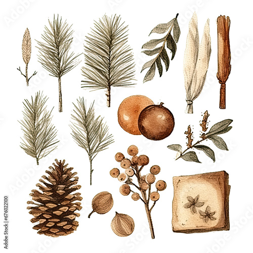 Scandinavian Christmas Watercolor Elements, without background in PDF format