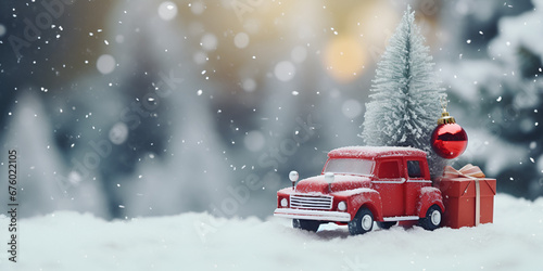 red car in snow, Miniature classic car carrying a christmas gifts on snowy winter, Red car with a Christmas tree. Red retro car with Christmas gifts on the snow in the pine forest, generative AI 