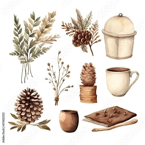 Scandinavian Christmas Watercolor Elements, without background in PDF format