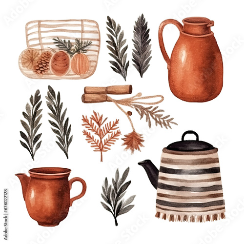 Scandinavian Christmas Watercolor Elements, without background in PDF format