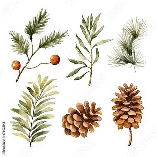 Scandinavian Christmas Watercolor Elements, without background in PDF format