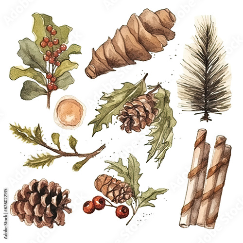 Scandinavian Christmas Watercolor Elements, without background in PDF format