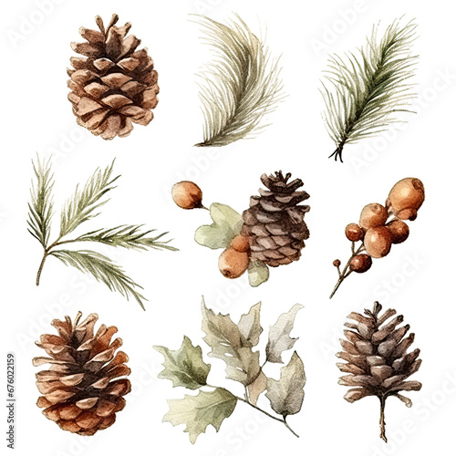 Scandinavian Christmas Watercolor Elements, without background in PDF format
