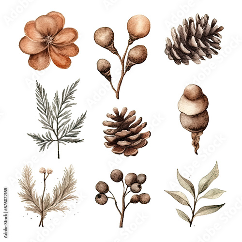 Scandinavian Christmas Watercolor Elements, without background in PDF format
