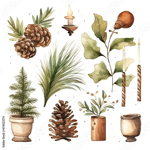 Scandinavian Christmas Watercolor Elements, without background in PDF format
