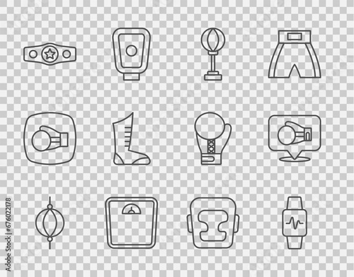 Set line Punching bag, Smart watch with heart, Bathroom scales, Boxing belt, Sport boxing shoes, helmet and glove icon. Vector