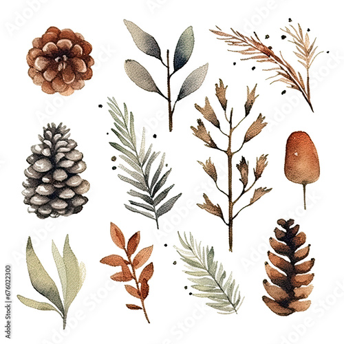 Scandinavian Christmas Watercolor Elements, without background in PDF format
