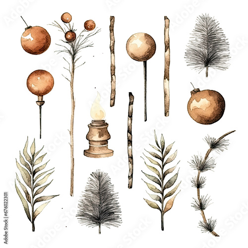 Scandinavian Christmas Watercolor Elements, without background in PDF format