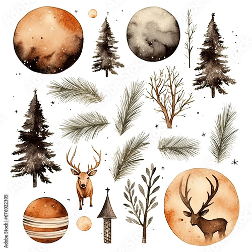 Scandinavian Christmas Watercolor Elements, without background in PDF format