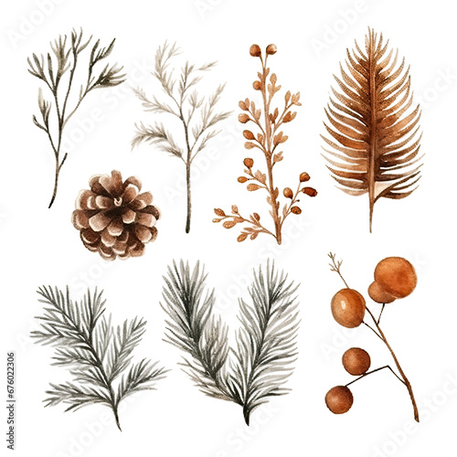 Scandinavian Christmas Watercolor Elements, without background in PDF format