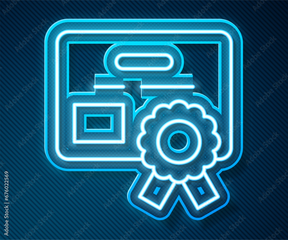 Glowing neon line Certificate template icon isolated on blue background. Achievement, award, degree, grant, diploma concepts. Vector Glowing neon line Certificate template icon isolated on blue background. Achievement, award, degree, grant, diploma concepts. Vector