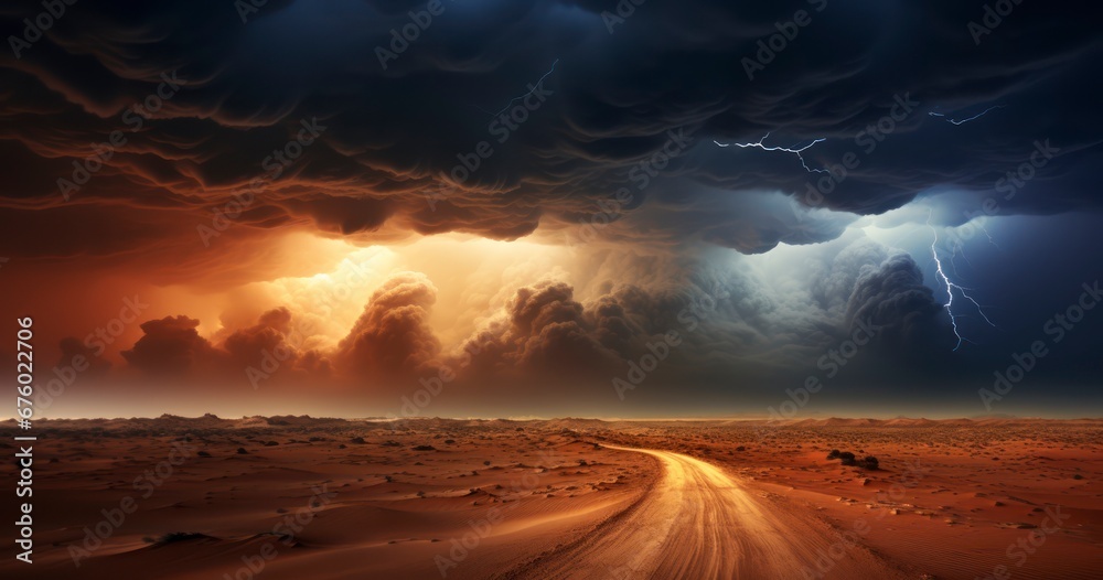 Desert Fury - Witnessing a Thunderous Storm in the Desert. Generative AI