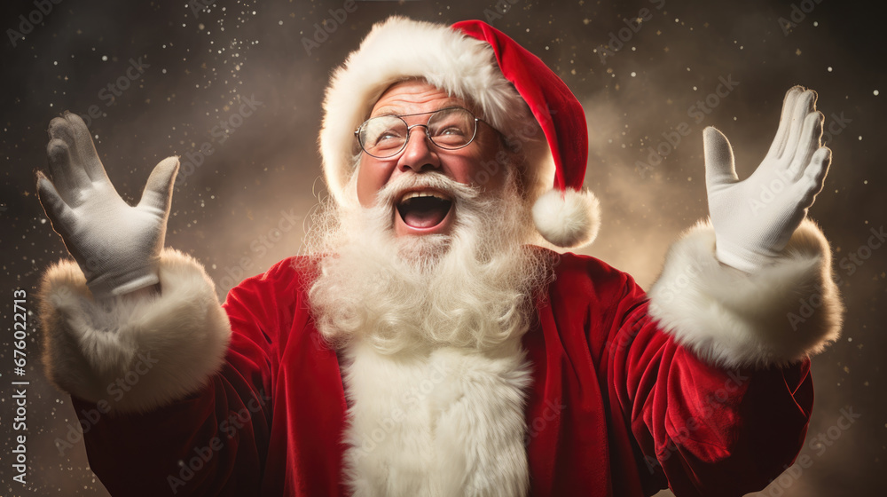 ? person dressed as Santa Claus, with a joyous expression, waving hands, wearing a traditional red and white suit