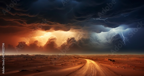 Desert Fury - Witnessing a Thunderous Storm in the Desert. Generative AI photo