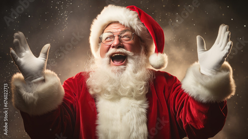 ? person dressed as Santa Claus, with a joyous expression, waving hands, wearing a traditional red and white suit © MP Studio