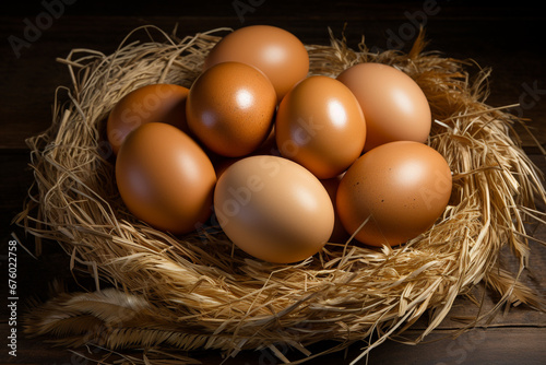 Experience the rustic simplicity and natural beauty of eggs showcased in a charming straw basket, bathed in the soft glow of natural light. Ai generated