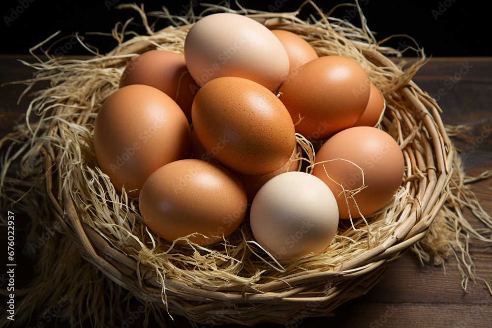 Experience the rustic simplicity and natural beauty of eggs showcased in a charming straw basket, bathed in the soft glow of natural light. Ai generated Experience the rustic simplicity and natural beauty of eggs showcased in a charming straw basket, bathed in the soft glow of natural light. Ai generated
