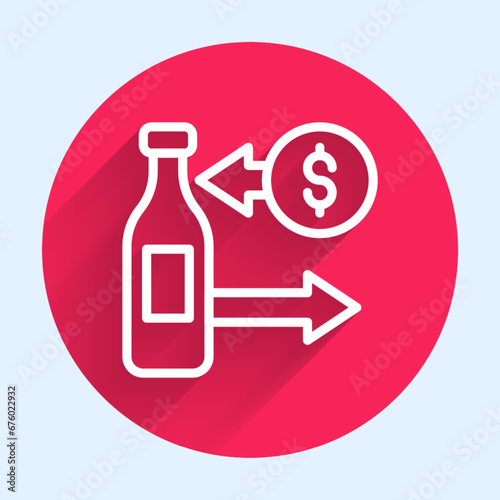 White line Reception and sale of glass bottles icon isolated with long shadow background. Red circle button. Vector