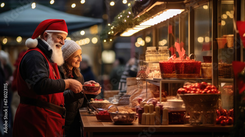 An outdoor Christmas market food stall  with twinkling lights and an evening festive atmosphere in the background.