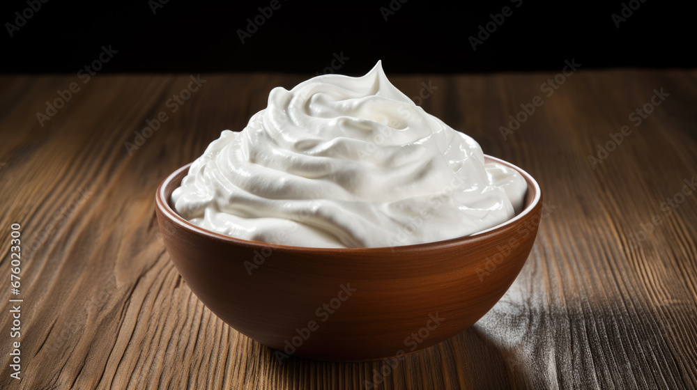 A luscious, smooth white cream is showcased in a wooden bowl, highlighting its glossy texture and rich consistency. A luscious, smooth white cream is showcased in a wooden bowl, highlighting its glossy texture and rich consistency.