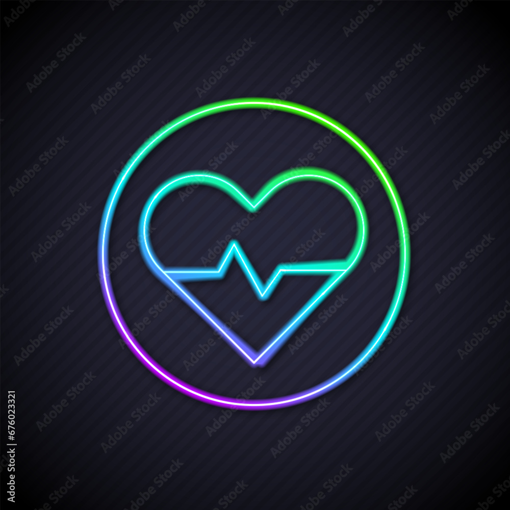 Glowing neon line Heart rate icon isolated on black background. Heartbeat sign. Heart pulse icon. Cardiogram icon. Vector Glowing neon line Heart rate icon isolated on black background. Heartbeat sign. Heart pulse icon. Cardiogram icon. Vector